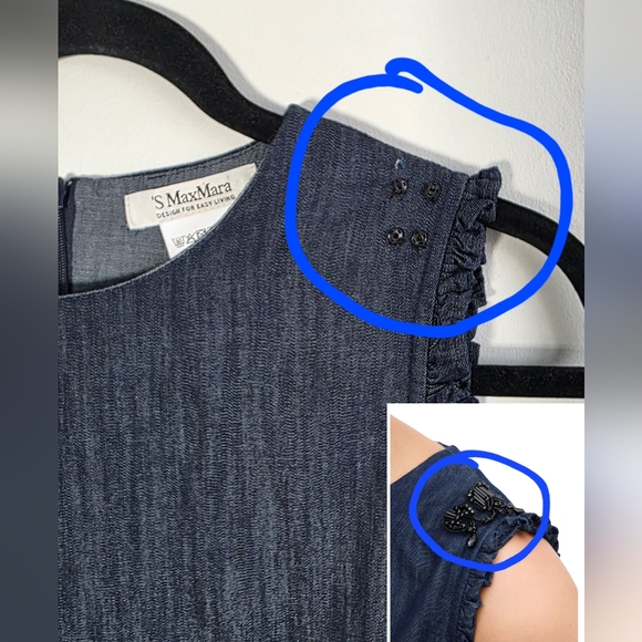 S Max Mara Denim Sleeveless Shift Dress Size US 6 Cotton Ruffle Hem Pockets - Picture 13 of 13